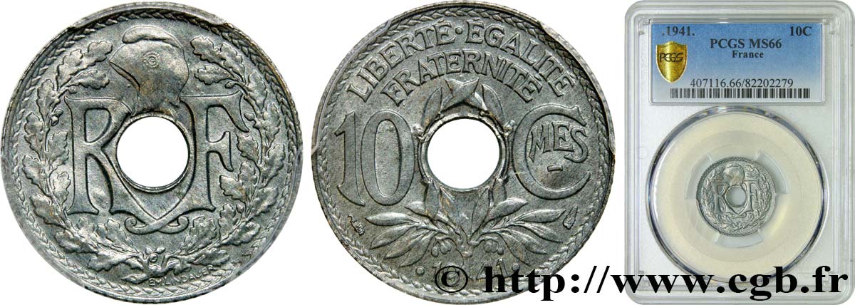 10 centimes Lindauer en zinc, Cmes souligné et millésime avec points 1941  F.140/2 MS66 PCGS
