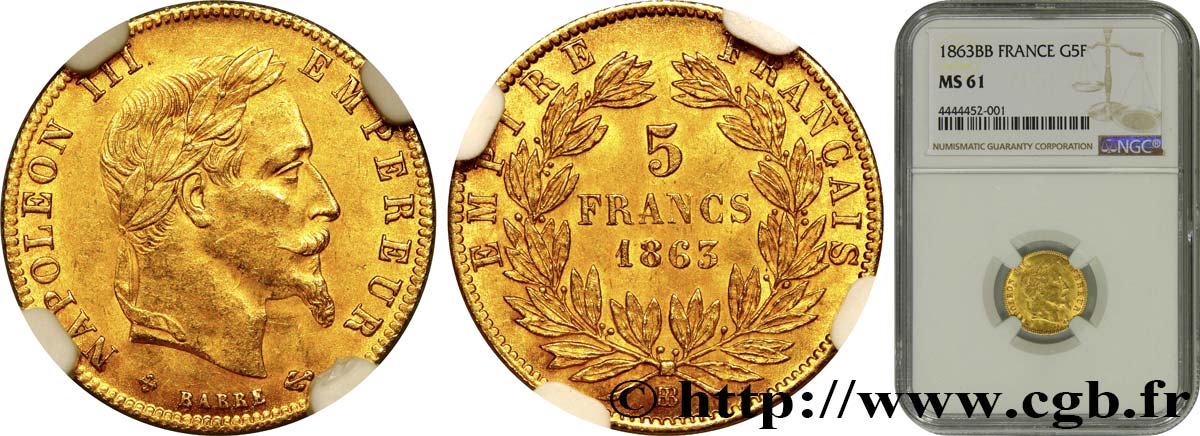 5 francs or Napoléon III, tête laurée 1863 Strasbourg F.502/4 MS61 NGC