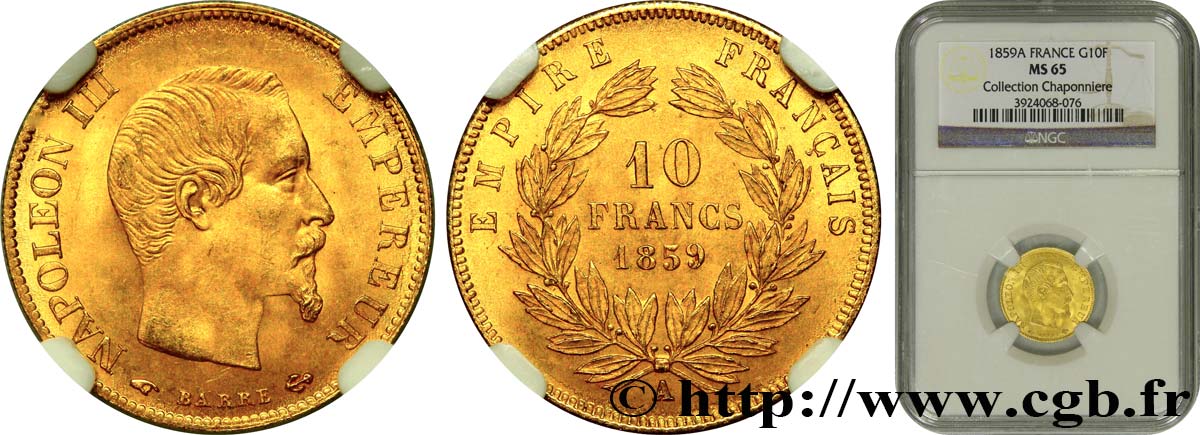10 francs or Napoléon III, tête nue 1859 Paris F.506/7 FDC65 NGC