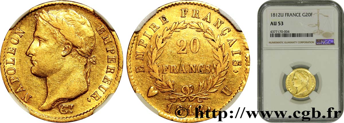 20 francs or Napoléon tête laurée, Empire français 1812 Turin F.516/28 MBC53 NGC