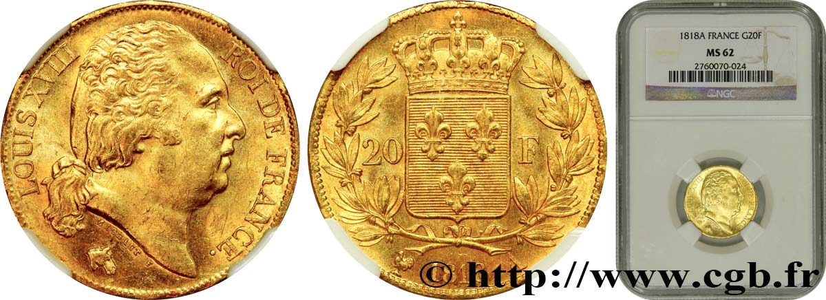 20 francs or Louis XVIII, tête nue 1818 Paris F.519/10 MS62 NGC