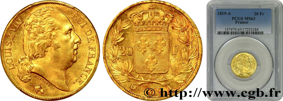 20 francs or Louis XVIII, tête nue 1819 Paris F.519/15 MS63 PCGS