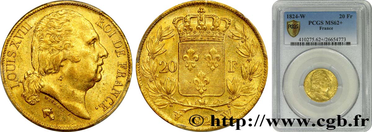 20 francs or Louis XVIII, tête nue 1824 Lille F.519/34 MS62 PCGS
