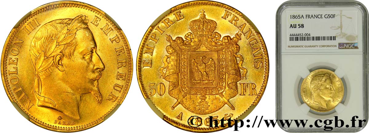 50 francs or Napoléon III, tête laurée 1865 Paris F.548/5 SUP58 NGC
