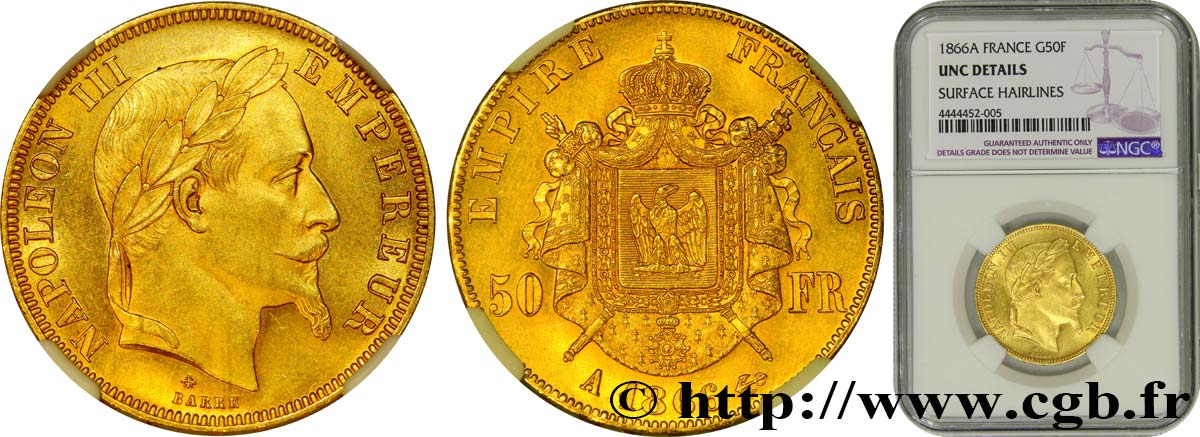 50 francs or Napoléon III, tête laurée 1866 Paris F.548/6 EBC NGC