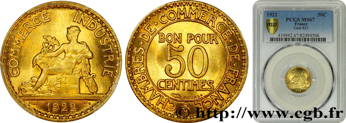 50 centimes Chambres de Commerce 1922 Paris F.191/4 ST67 PCGS