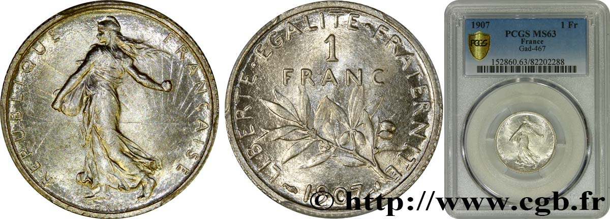 1 franc Semeuse 1907 Paris F.217/12 SC63 PCGS