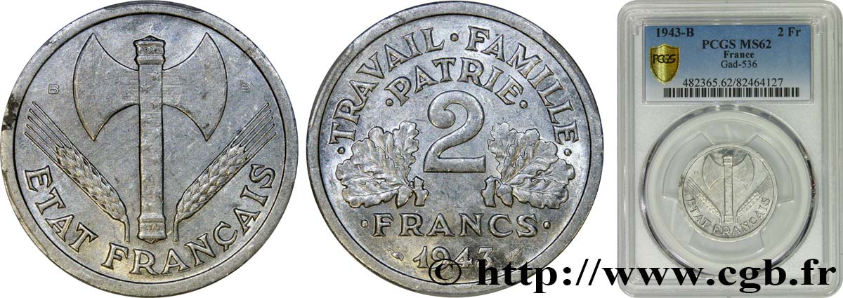 2 francs Francisque 1943 Beaumont-Le-Roger F.270/3 VZ62 PCGS