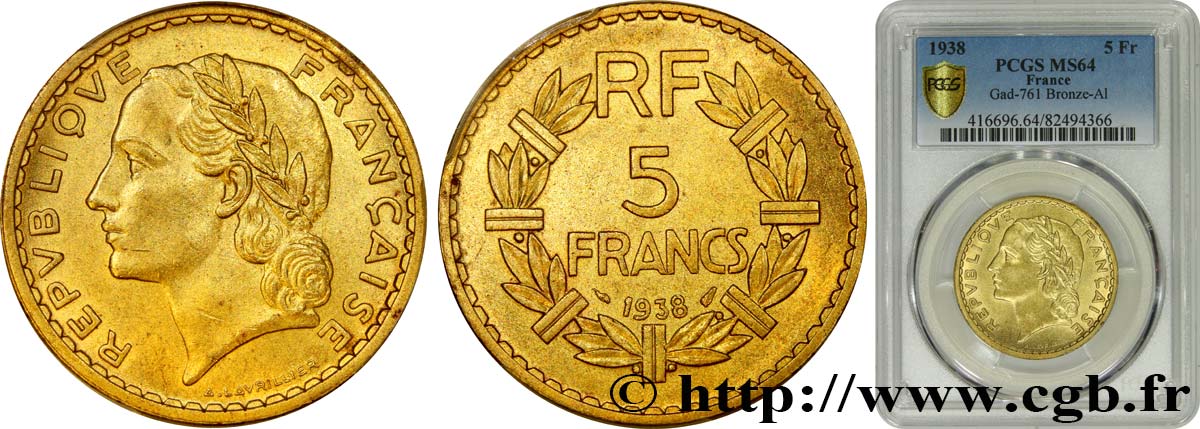 5 francs Lavrillier, bronze-aluminium 1938  F.337/1 SPL64 PCGS