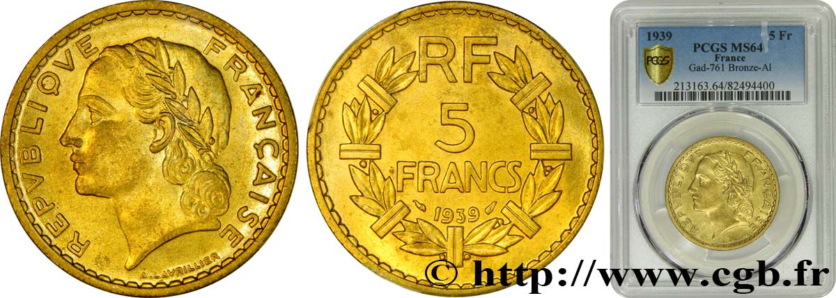 5 francs Lavrillier, bronze-aluminium 1939  F.337/3 fST64 PCGS