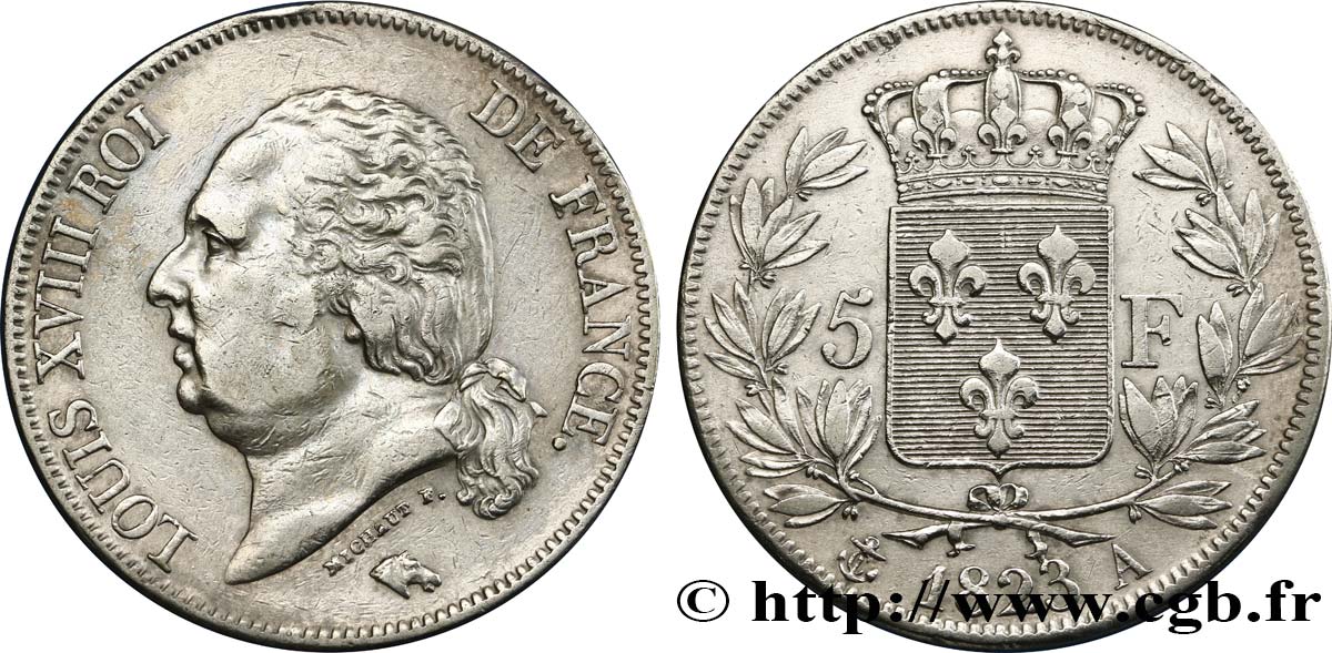 5 francs Louis XVIII, tête nue 1823 Paris F.309/76 TTB45 