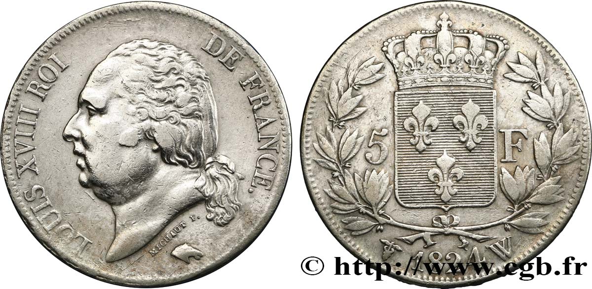 5 francs Louis XVIII, tête nue 1824 Lille F.309/98 XF 