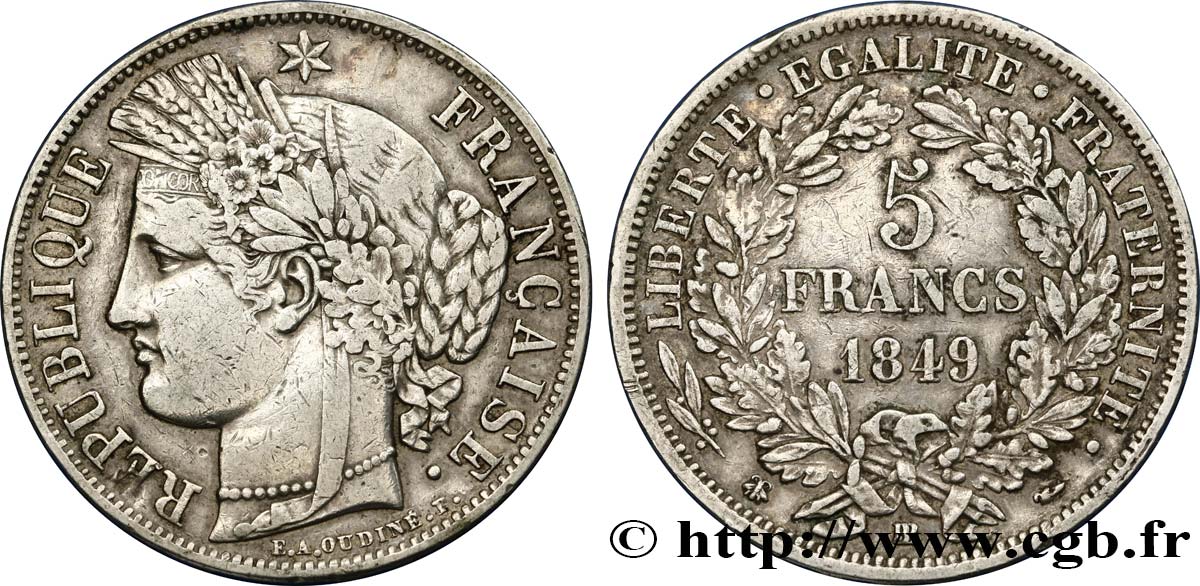 5 francs Cérès, IIe République 1849 Strasbourg F.327/3 VF35 