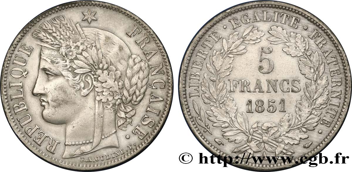 5 francs Cérès, IIe République 1851 Paris F.327/7 MBC50 