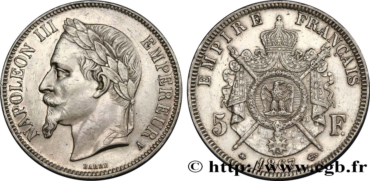 5 francs Napoléon III, tête laurée 1867 Paris F.331/10 MBC 