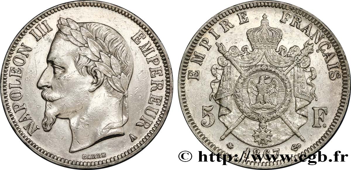 5 francs Napoléon III, tête laurée 1867 Paris F.331/10 BB 