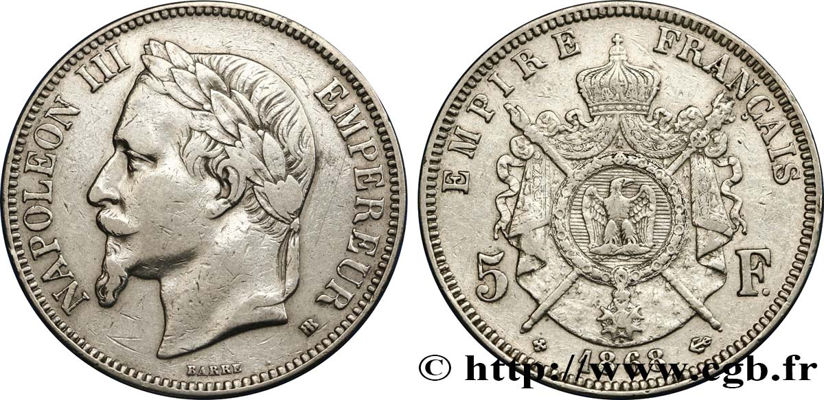 5 francs Napoléon III, tête laurée 1868 Strasbourg F.331/13 TB35 