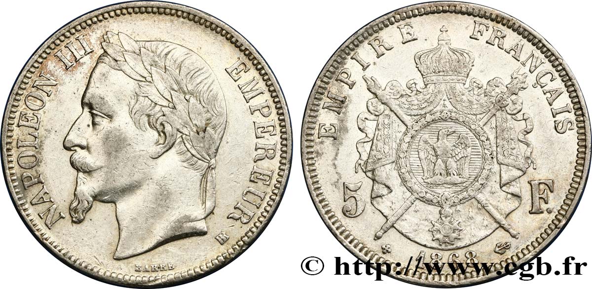 5 francs Napoléon III, tête laurée 1868 Strasbourg F.331/13 MBC48 