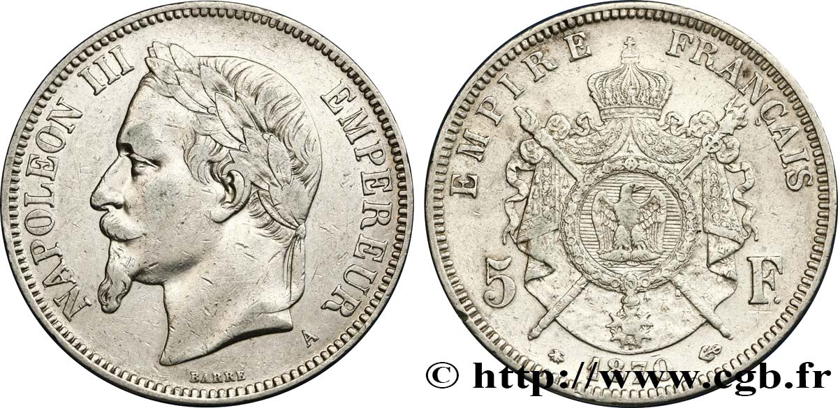 5 francs Napoléon III, tête laurée 1870 Paris F.331/16 MBC40 