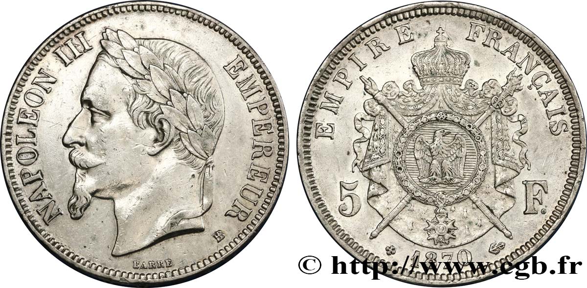 5 francs Napoléon III, tête laurée 1870 Strasbourg F.331/17 XF45 