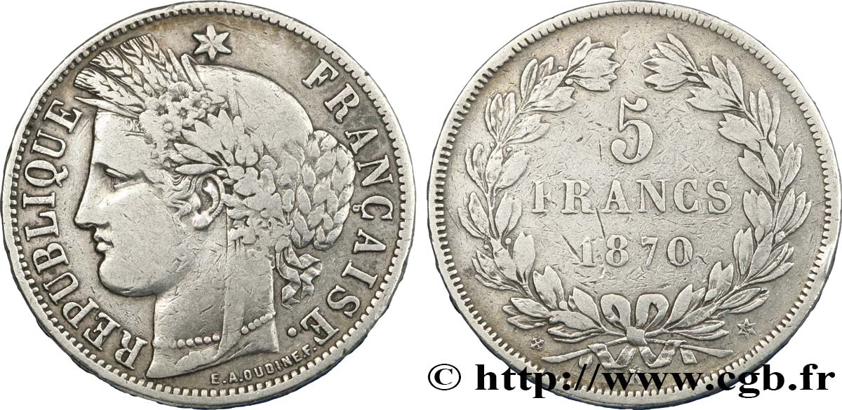 5 francs Cérès, sans légende 1870 Bordeaux F.332/3 S25 