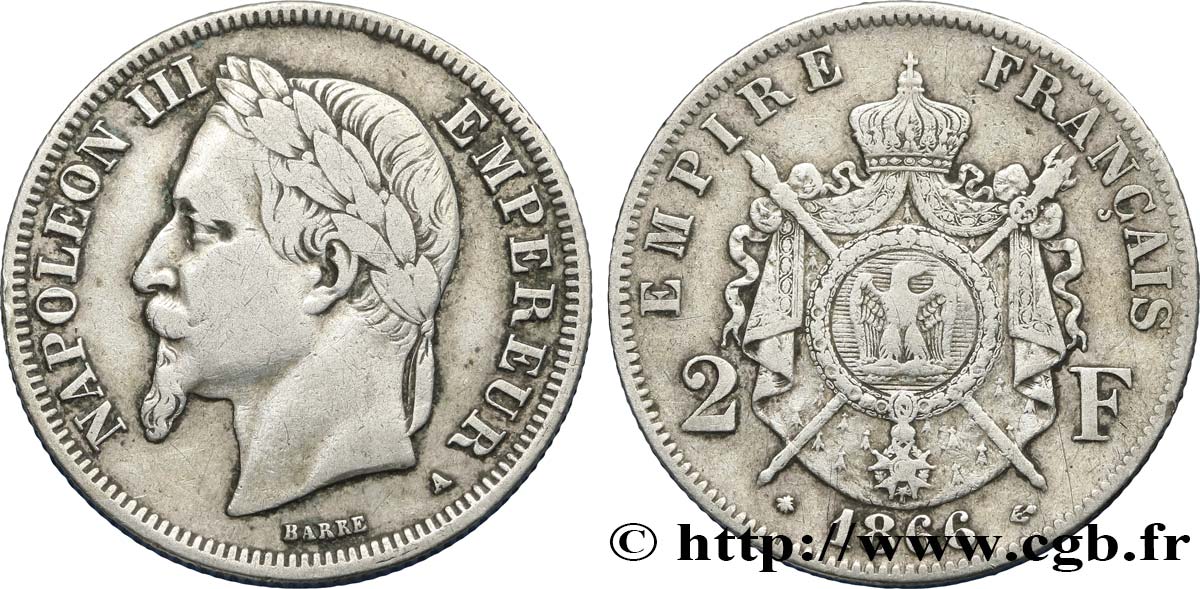 2 francs Napoléon III, tête laurée 1866 Paris F.263/2 BC25 