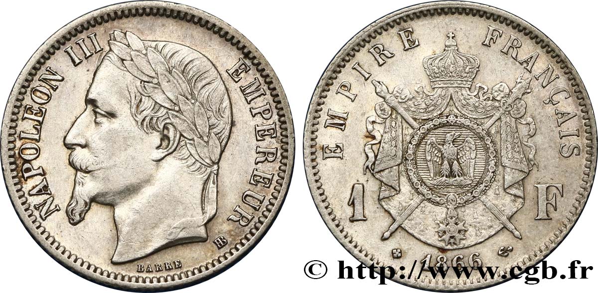 1 franc Napoléon III, tête laurée 1866 Strasbourg F.215/4 SS50 