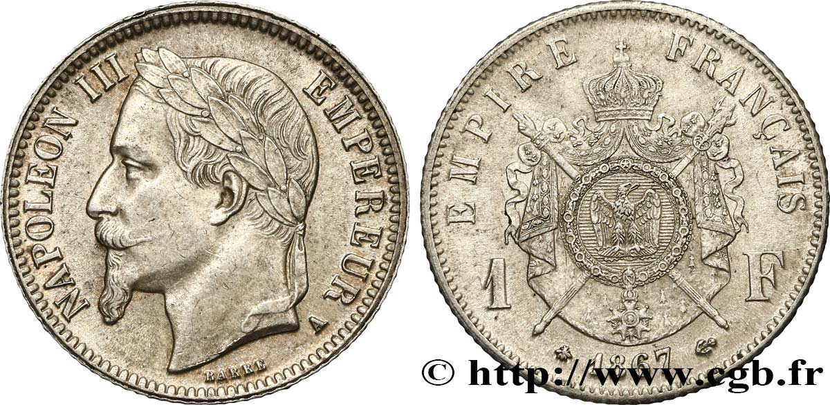 1 franc Napoléon III, tête laurée 1867 Paris F.215/6 AU52 