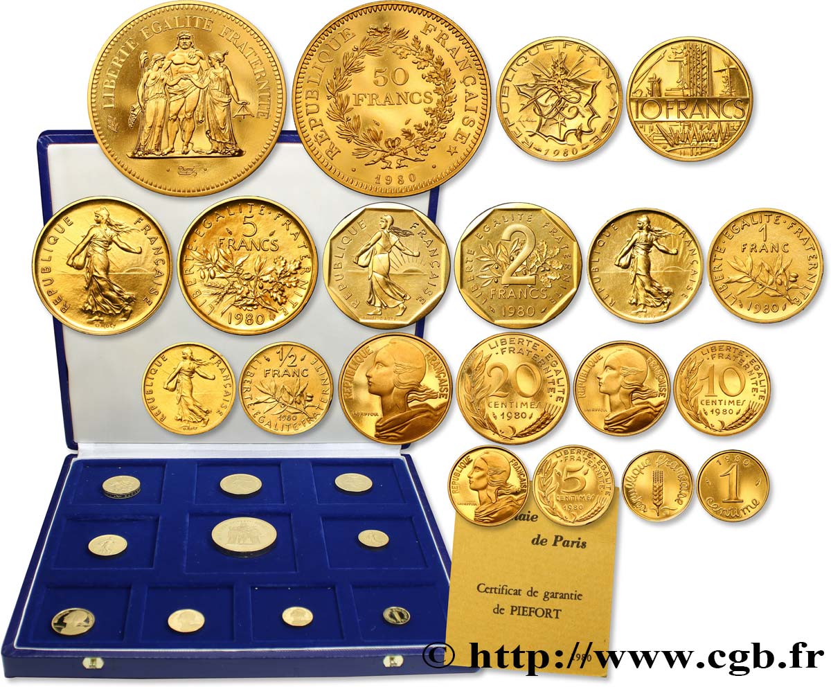 Coffret de 10 Piéforts en Or : 50, 10, 5, 2, 1 et 1/2 francs et 20, 10, 5 et 1 centimes 1980 Pessac GEM.293 CPO11 MS 