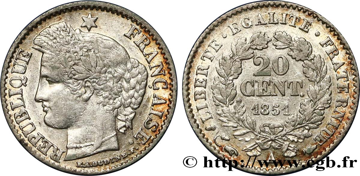 20 centimes Cérès, IIe République 1851 Paris F.146/7 VF25 