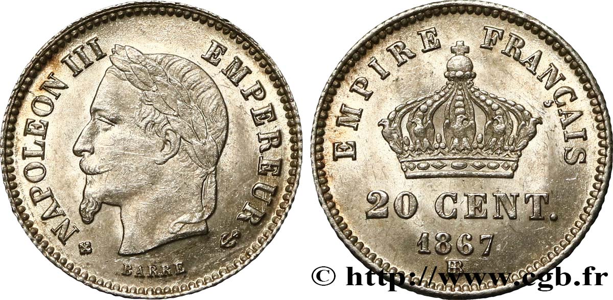 20 centimes Napoléon III, tête laurée, grand module 1867 Strasbourg F.150/2 SPL58 