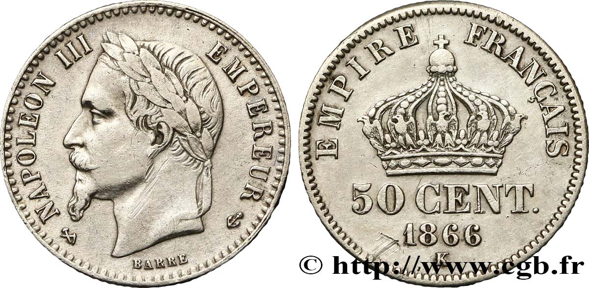 50 centimes Napoléon III, tête laurée 1866 Bordeaux F.188/11 MBC45 