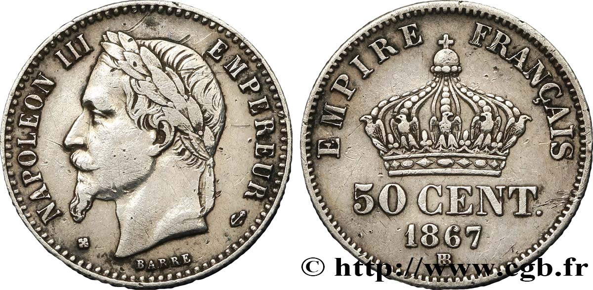 50 centimes Napoléon III, tête laurée 1867 Strasbourg F.188/17 XF40 