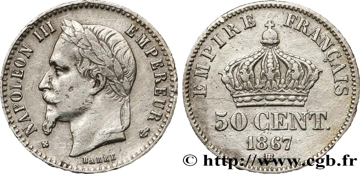 50 centimes Napoléon III, tête laurée 1867 Strasbourg F.188/15 BC35 