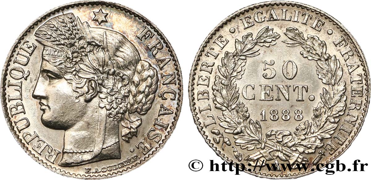 50 centimes Cérès, Troisième République 1888 Paris F.189/13 EBC62 