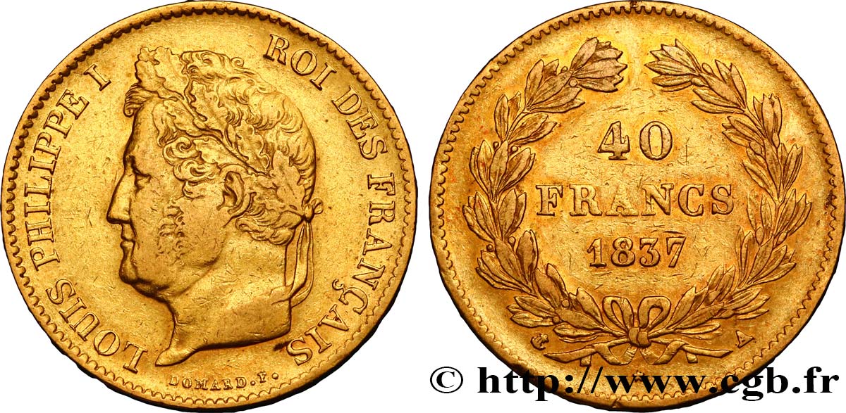 40 francs or Louis-Philippe 1837 Paris F.546/10 XF45 