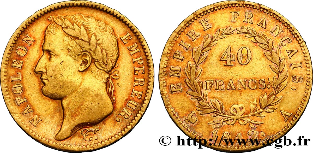 40 francs or Napoléon tête laurée, Empire français 1812 Paris F.541/9 XF45 