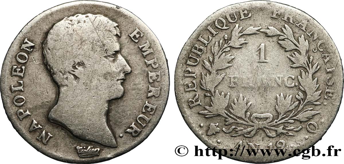 1 franc Napoléon Empereur, Calendrier révolutionnaire 1804 Perpignan F.201/10 VG10 