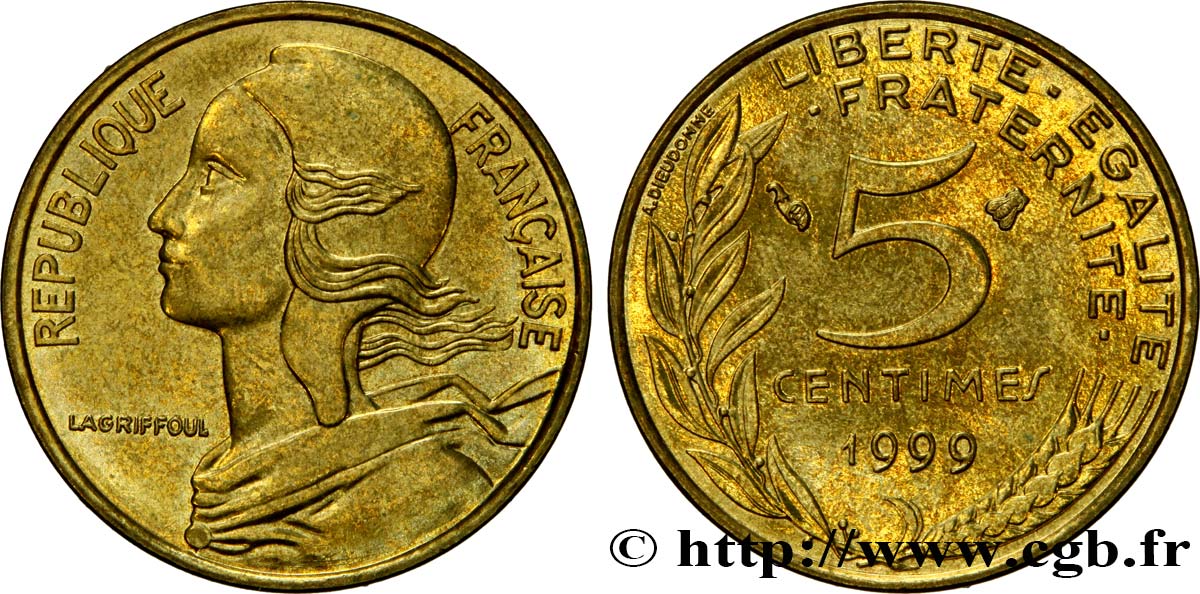 5 centimes Marianne, BU (Brillant Universel) 1999 Pessac F.125/43 MS63 