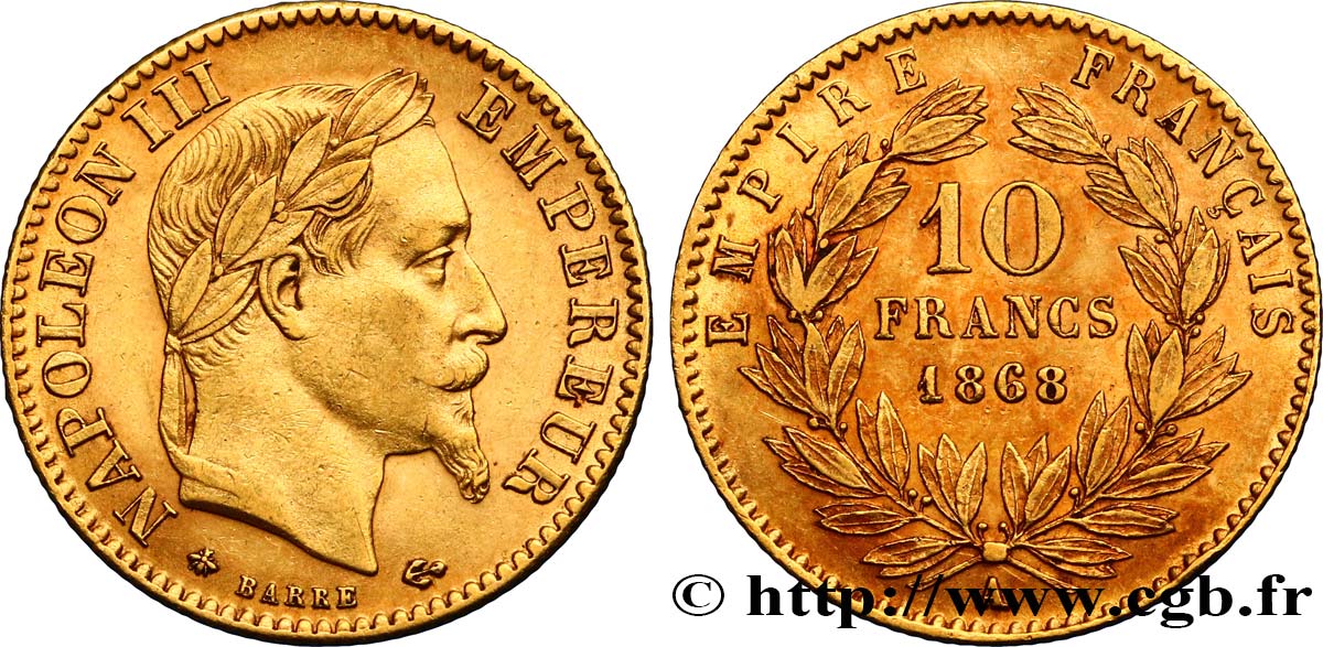 10 francs or Napoléon III, tête laurée 1868 Paris F.507A/17 SPL55 