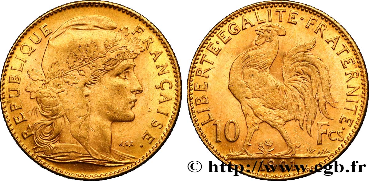 10 francs or Coq 1901 Paris F.509/5 AU55 