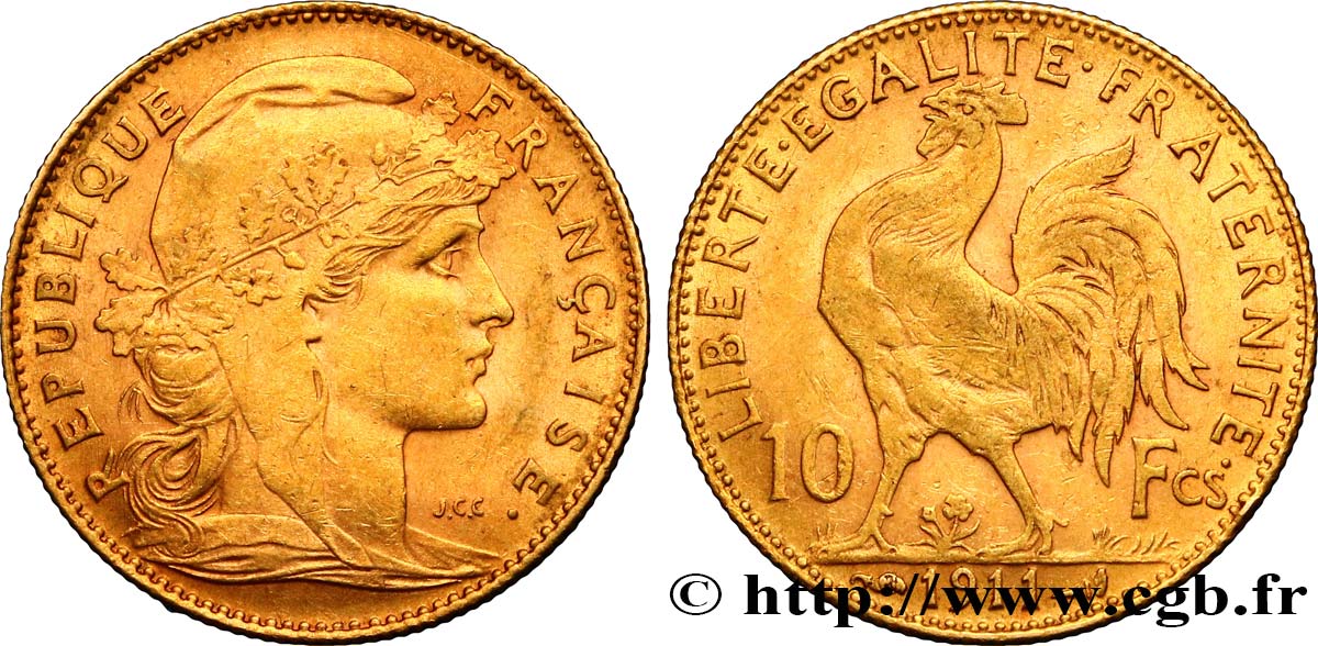 10 francs or Coq 1911 Paris F.509/12 MS60 