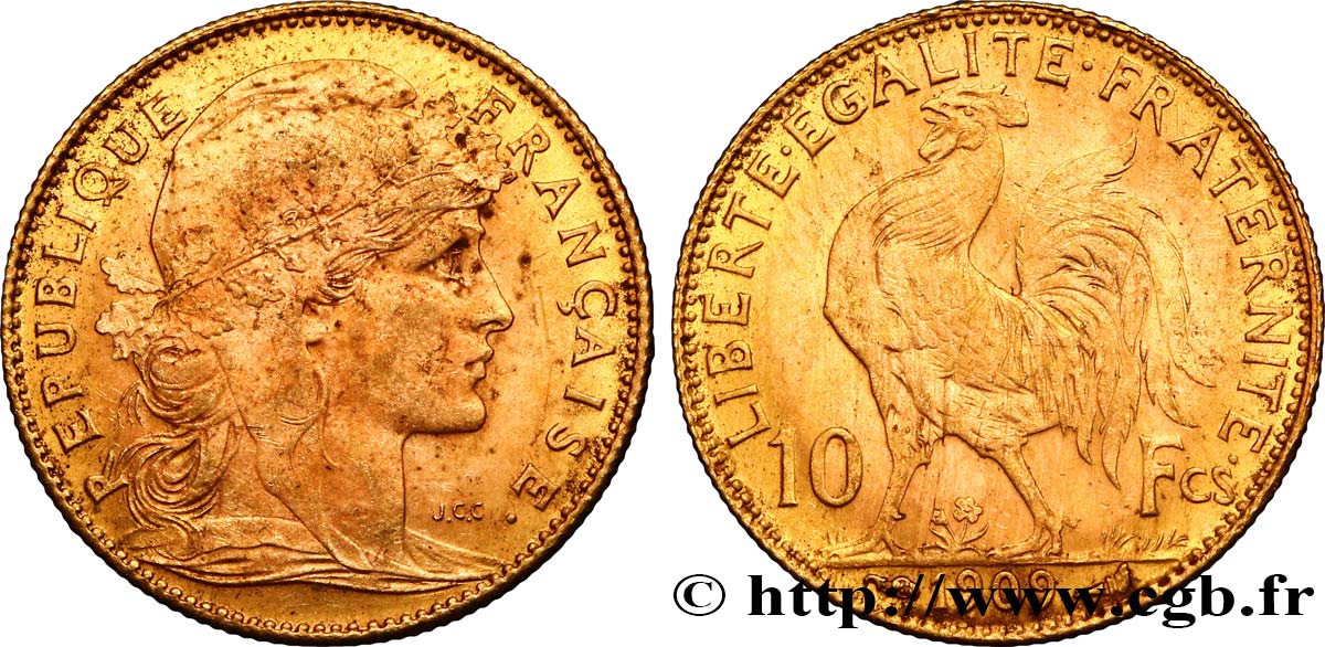 10 francs or Coq 1909 Paris F.509/10 EBC60 