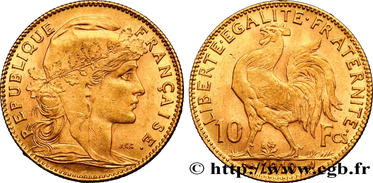 10 francs or Coq 1910 Paris F.509/11 MS60 
