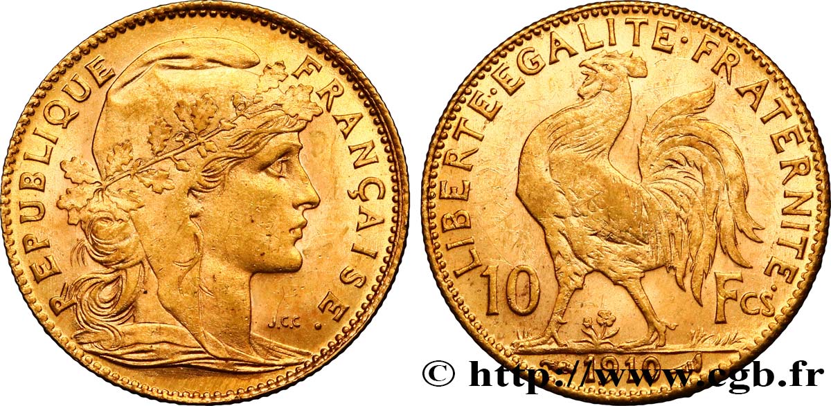 10 francs or Coq 1910 Paris F.509/11 EBC60 