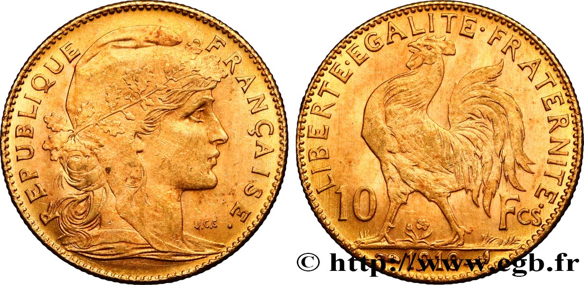 10 francs or Coq 1910 Paris F.509/11 MS62 