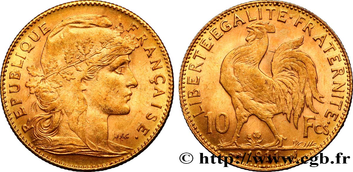 10 francs or Coq 1911 Paris F.509/12 EBC60 