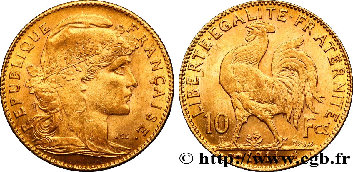 10 francs or Coq 1911 Paris F.509/12 SPL60 