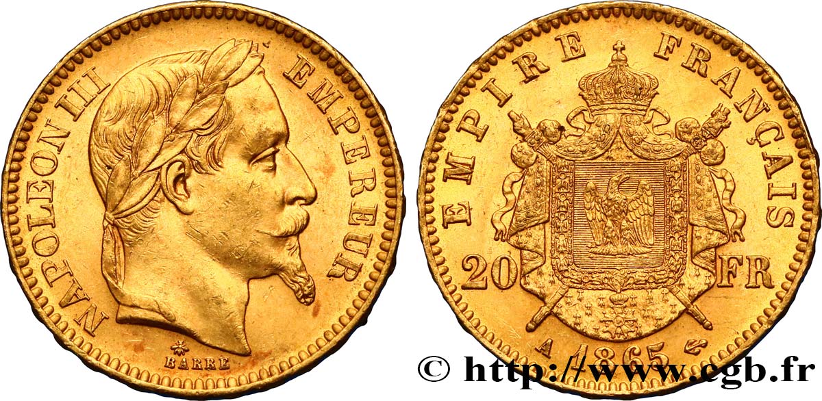 20 francs or Napoléon III, tête laurée 1865 Paris F.532/11 SUP58 
