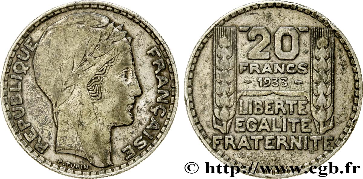 20 francs Turin, rameaux courts 1933  F.400/4 TB+ 